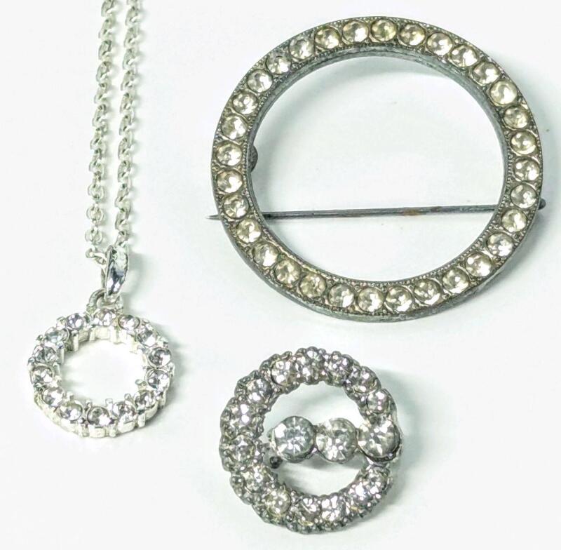 2 Vintage Rhinestone Circle Brooches 0.75" - 1.5" D & Necklace (18" Chain with 0.65" D Pendant)