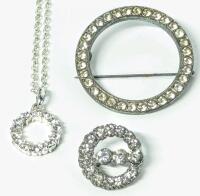 2 Vintage Rhinestone Circle Brooches 0.75" - 1.5" D & Necklace (18" Chain with 0.65" D Pendant)