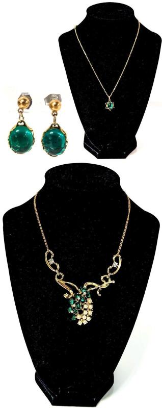Vintage Green Stone Necklace 17" with Matching Earrings 0.75" & Faux Pearl & Faceted Green Stone Bib Necklace 14.5" Long