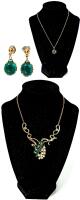 Vintage Green Stone Necklace 17" with Matching Earrings 0.75" & Faux Pearl & Faceted Green Stone Bib Necklace 14.5" Long