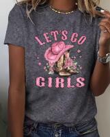 New Size Large Women's Lets Go Gorls Western Cowgirl Graphic T-Shirt with Pink Cowboy Hat & Boots Casual Crew Neck Short Sleeve Top 95% Polyester 5% Elastane Machine Washable stock photos added