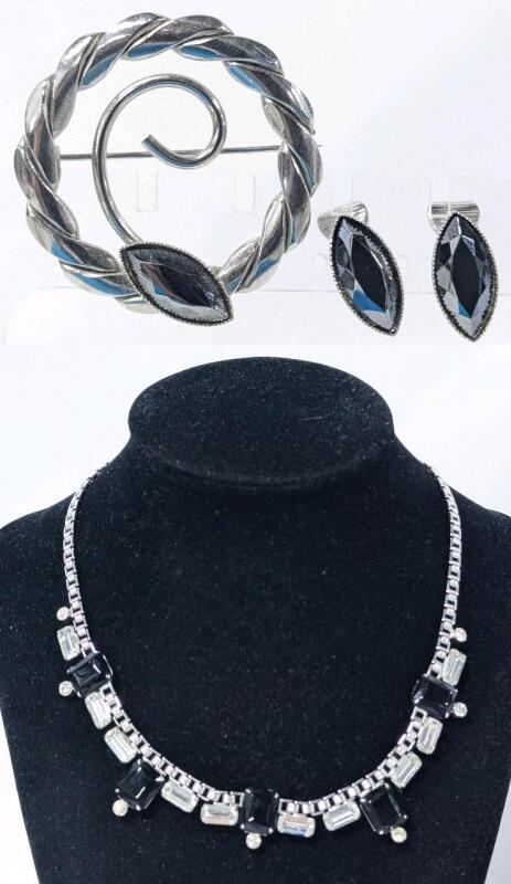 Vintage Hematite Wreath Brooch 1.4" + Matching Clip-On Earrings & Chunky Faceted Black Rhinestone Necklace 15" Long