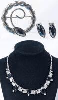 Vintage Hematite Wreath Brooch 1.4" + Matching Clip-On Earrings & Chunky Faceted Black Rhinestone Necklace 15" Long