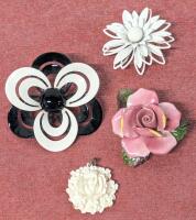 3 Vintage Floral Brooches : 2&times; Enamel + 1&times; Porcelain Made in England (Up To 2") & 0.8"D Celluloid Pendant: Rose Surrounded by Daffodils