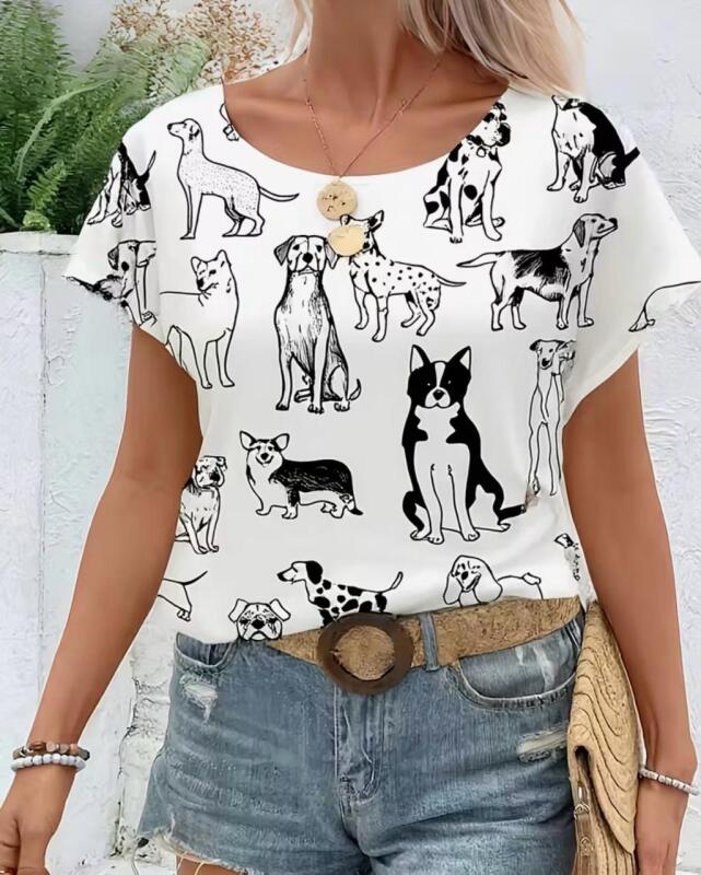 New Size Large Women's Elegant Dog Short Sleeve V-Neck Print Blouse Lightweight Relaxed Fit Polyester Machine Wash or Dry Clean Stock photos added Dog placement may vary