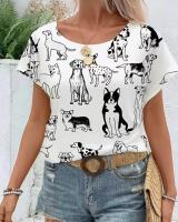 New Size Large Women's Elegant Dog Short Sleeve V-Neck Print Blouse Lightweight Relaxed Fit Polyester Machine Wash or Dry Clean Stock photos added Dog placement may vary