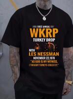New Size Large &lsquo;&rsquo;WKRP Turkey Drop&rsquo;&rsquo; Vintage 1976 Humorous Men's Black Casual Crew Neck Short Sleeve T-Shirt 100% Polyester Machine Wash Stock photo added