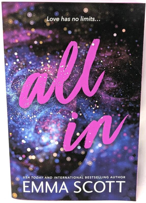 New ALL IN by Emma Scott, Paperback Novel with Fancy Purple Spredges (The Edges of The Book)