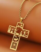 Intricate Cross Pendant Necklace with Engraved Figures Cross 1.8&rsquo;&rsquo; with Bale Chain 24&rsquo;&rsquo;1.5&rsquo;&rsquo; extender approximate