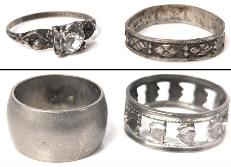 4 Vintage Rings : Stamped Sterling Size 7 Band, Stamped Sterling Signed MH Size 6.5 Ring w Clear Stone, Size 4.5 Signed UNCAS Toe Ring & Size 7.5 Heart Band