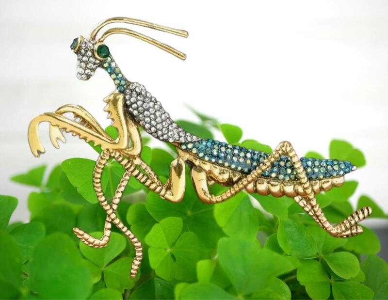 Vintage-Inspired Mantis Brooch with Green and Clear Rhinestone Gemstones Statement 3.5 x 2.25&rsquo;&rsquo; Symbolizes Stillness, Patience Good Luck