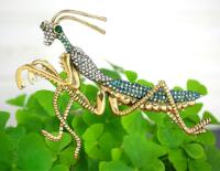 Vintage-Inspired Mantis Brooch with Green and Clear Rhinestone Gemstones Statement 3.5 x 2.25&rsquo;&rsquo; Symbolizes Stillness, Patience Good Luck