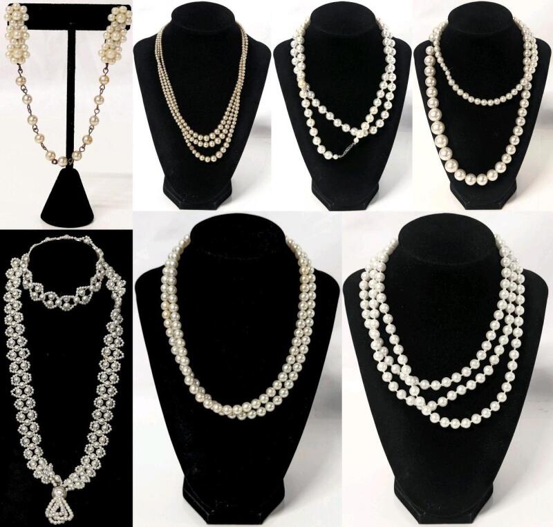 Vintage Faux Pearl Sweater Shawl Clip (Patented) + 6 Vintage Necklaces incl Stamped Sterling Box Clasp Made in West Germany, Hand-Beaded Necklace with Bracelet + | Up to 36" Long
