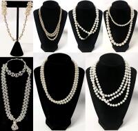Vintage Faux Pearl Sweater Shawl Clip (Patented) + 6 Vintage Necklaces incl Stamped Sterling Box Clasp Made in West Germany, Hand-Beaded Necklace with Bracelet + | Up to 36" Long