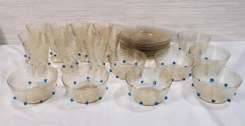 RARE Vintage MCM Hand-Blown Glass Swirl Pattern 30pc. Set . 11 Glasses , 8 Bowls & 11 Plates . Hand-Blown Clear Glass w/Small Blue Glass Balls on Side of Glasses & Bowls