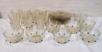 RARE Vintage MCM Hand-Blown Glass Swirl Pattern 30pc. Set . 11 Glasses , 8 Bowls & 11 Plates . Hand-Blown Clear Glass w/Small Blue Glass Balls on Side of Glasses & Bowls