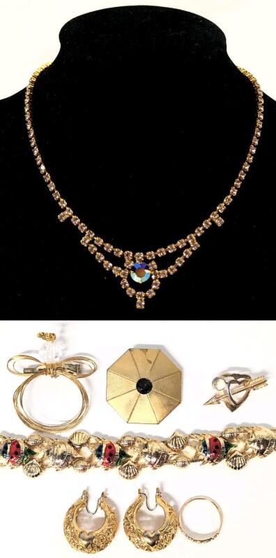 Vintage 15.5" Blue AB Rhinestone Line Necklace, Pair of Heart Basket Earrings, Angel Brooch, Heart Brooch, Size 6.5" Ring, 7" Tropical Fish Bracelet +