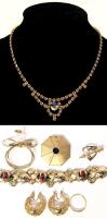 Vintage 15.5" Blue AB Rhinestone Line Necklace, Pair of Heart Basket Earrings, Angel Brooch, Heart Brooch, Size 6.5" Ring, 7" Tropical Fish Bracelet +