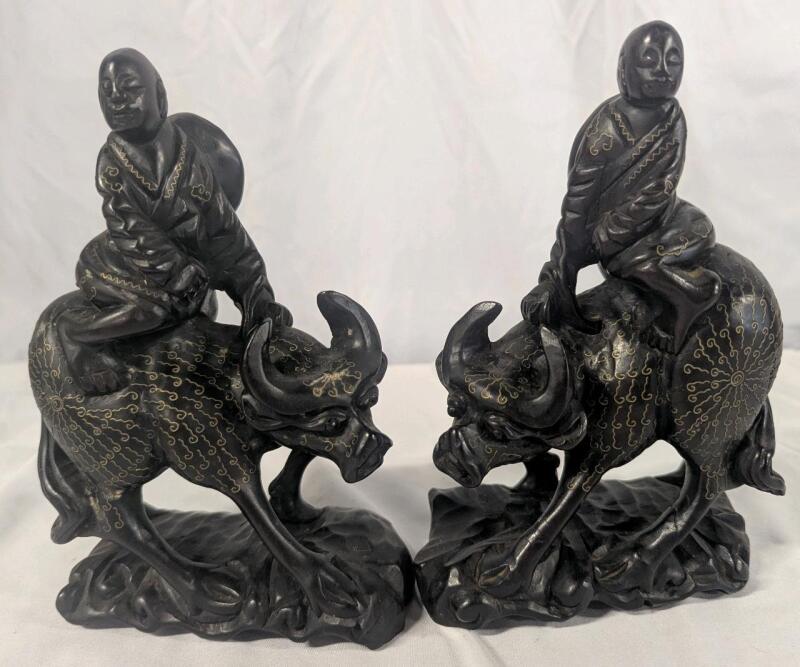 Vintage Silver Inlaid Wooden Chinese Statues / Bookends 7.5" Tall.
