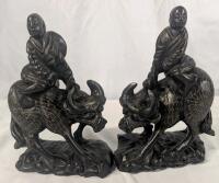 Vintage Silver Inlaid Wooden Chinese Statues / Bookends 7.5" Tall.