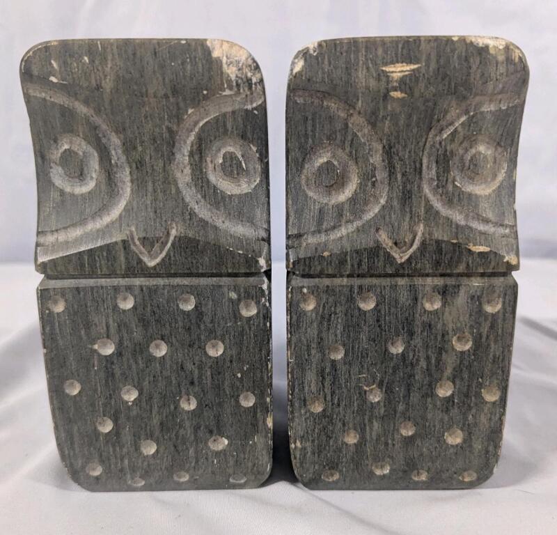 Vintage Carved Stone Owl-Shaped Book Ends. 6" Tall