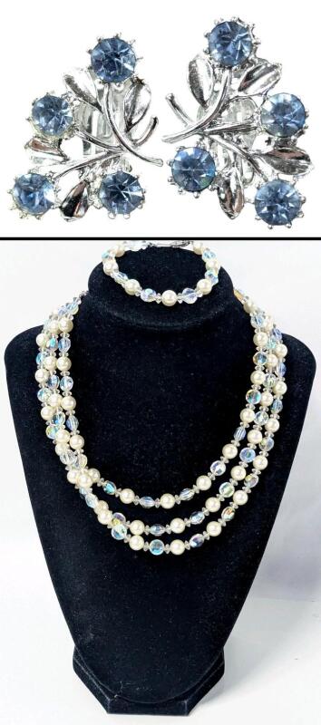 Gorgeous Vintage Aurora Borealis Bead & Pearl Multi-Strand Necklace 17" With Matching Bracelet 6.5" + Lovely Periwinkle Blue Rhinestone Floral Clip-On Earrings 1.15" Long