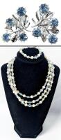Gorgeous Vintage Aurora Borealis Bead & Pearl Multi-Strand Necklace 17" With Matching Bracelet 6.5" + Lovely Periwinkle Blue Rhinestone Floral Clip-On Earrings 1.15" Long