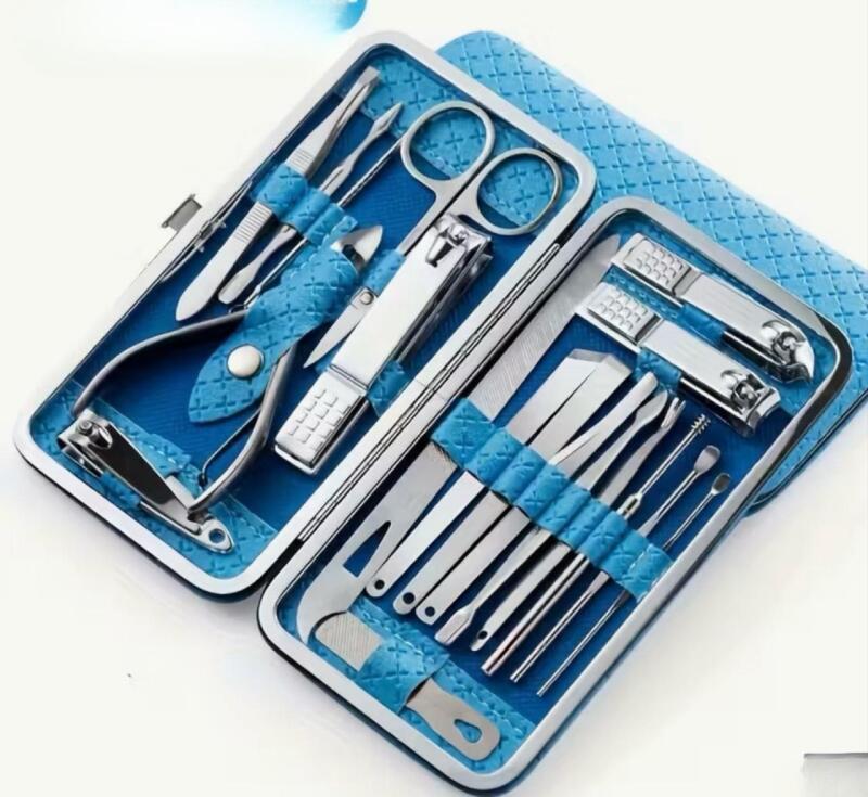 New 19pcs Stainless Steel Personal Care Manicure and Pedicure Set with Nail Clippers, Buffers, and Tools - Modern Style, Straight Edge Includes Storage Case 6.25 x 3.25&rsquo;&rsquo; stock photo added