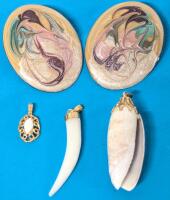 Oversized Vintage Enamel Swirl Earrings 1.5" Long & 3 Pendants : Shell, Fang/ Horn of Plenty with Mother-of-Pearl-Like Spot & Small Filigree with White Stone (0.8" - 2" Long)