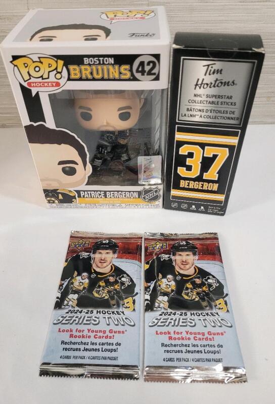 2024-25 UD Series Two NHL Hockey Sealed Wax Packs (2) , Funko Pop! Patrice Bergeron Vinyl Figure & 2020 Tim Hortons Patrice Bergeron Stick