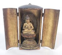 Vintage Zushi Miniature Traveling Japanese Budda Shrine in Black & Gold Case . Measures 2"&times;1.5"&times;3 &frac34;" . Some wood piece missing from bottom