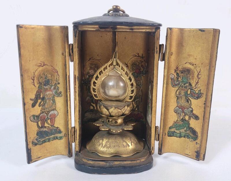 **WOW** Unique Vintage Zushi Black & Gold Lacquer Traveling Japanese Buddhist Reliquary w/Brass Lotus Flower Flaming Jewel . Measures 2.5"&times;2 &frac14;"&times;4 &frac34;" Tall . Age Unknown
