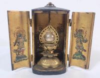 **WOW** Unique Vintage Zushi Black & Gold Lacquer Traveling Japanese Buddhist Reliquary w/Brass Lotus Flower Flaming Jewel . Measures 2.5"&times;2 &frac14;"&times;4 &frac34;" Tall . Age Unknown