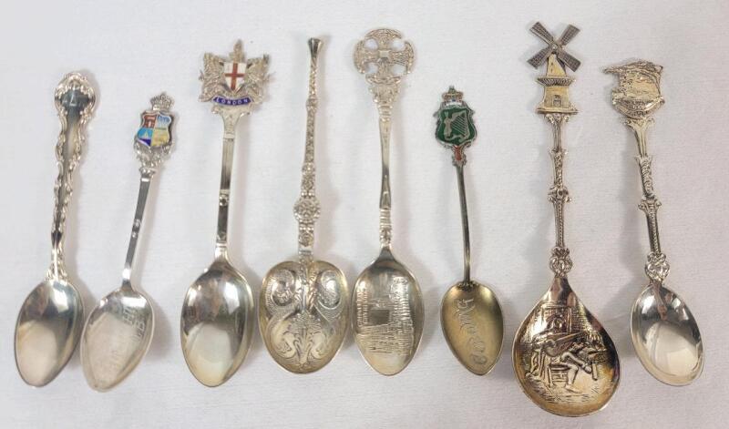 7 Silver Souvenir Spoons & BIRKS Alpha Delta Pi Sorority Plated Spoon . 5 Sterling Silver Spoons , Two (2) 90% Silver Spoons & BIRKS Spoon