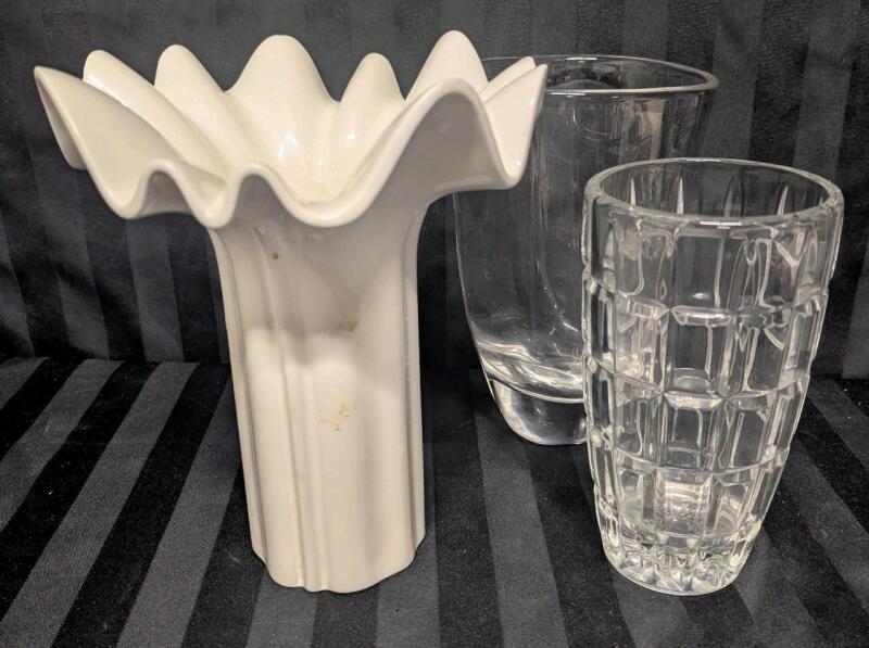 3 Vintage Vessels. Class, Crystal and Ceramic. The Larger Clear Peice Measures 8" Tall and is Crystal.