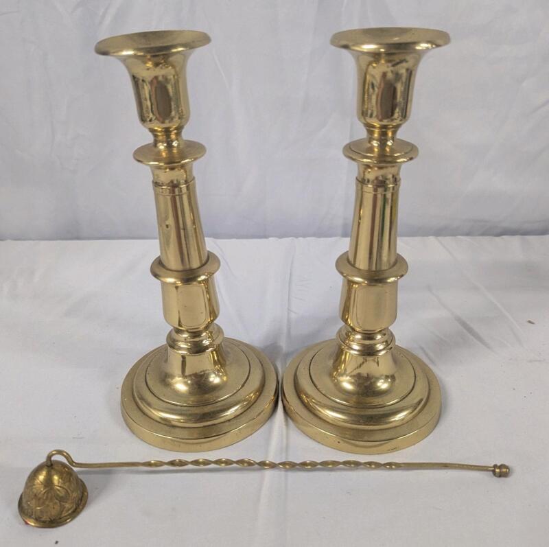 Vintage Brass Candle Sticks and Snuffer. 9" Tall.