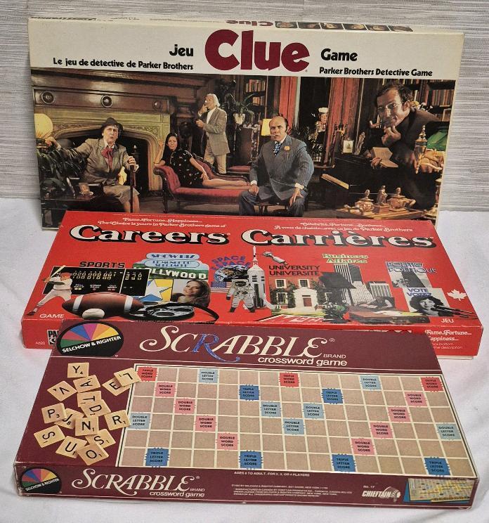 3 Vintage Board Games- Clue, Careers & Scrabble