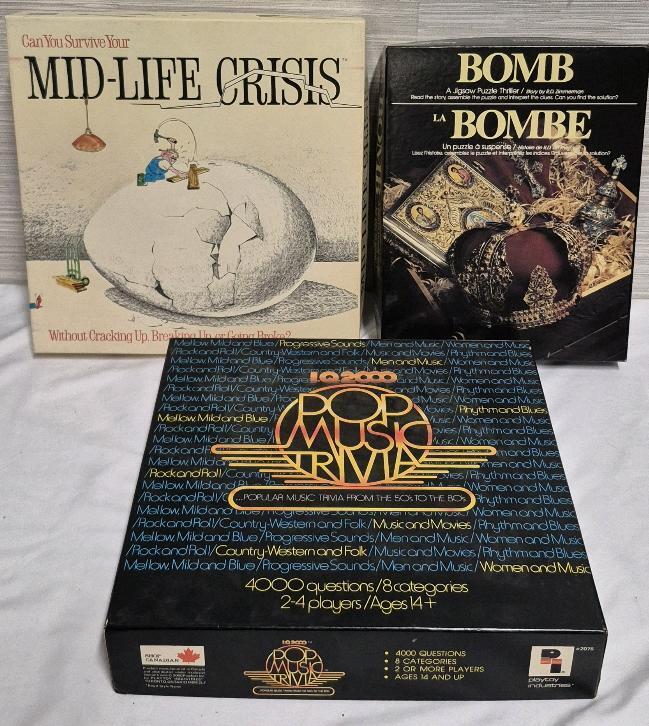 3 Vintage Board Games- Pop Music Trivia, Mid-Life Crisis & Bomb Jigsaw Puzzle Thriller