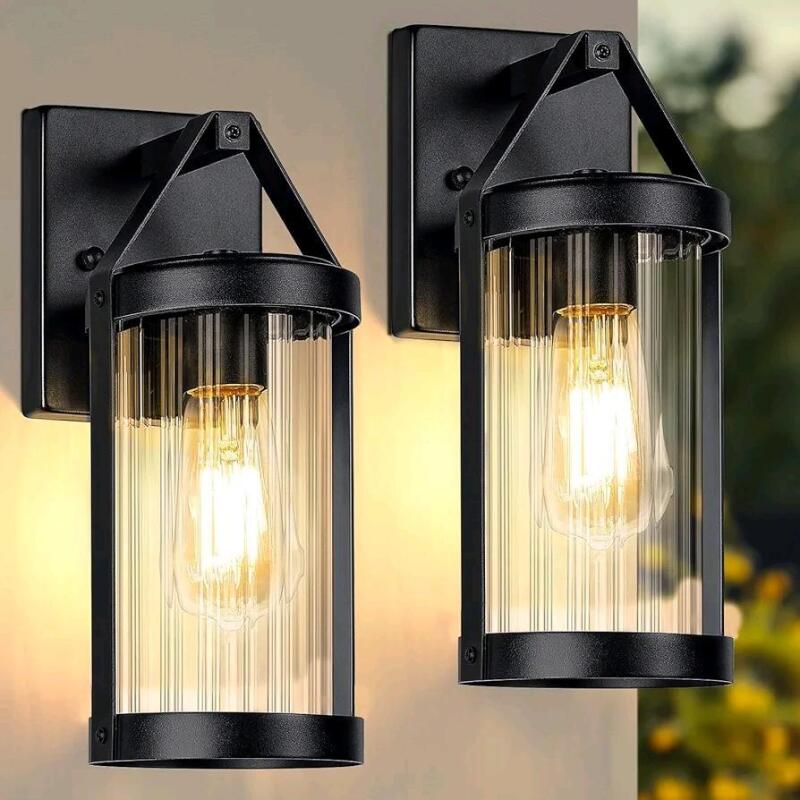 New - 2-Pack Outdoor Wall Light Fixtures - Waterproof Matte Black Exterior Wall Lantern Sconce Porch Lights w/Clear Ribbed Glass . Retail $130