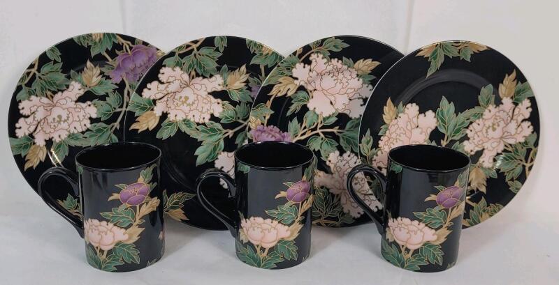 Fitz and Floyd " Cloisonne Peony " Coffee Mugs & Dessert Plates . 3 Mugs & 4 Plates . No chips or cracks