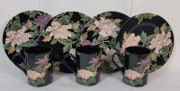 Fitz and Floyd " Cloisonne Peony " Coffee Mugs & Dessert Plates . 3 Mugs & 4 Plates . No chips or cracks