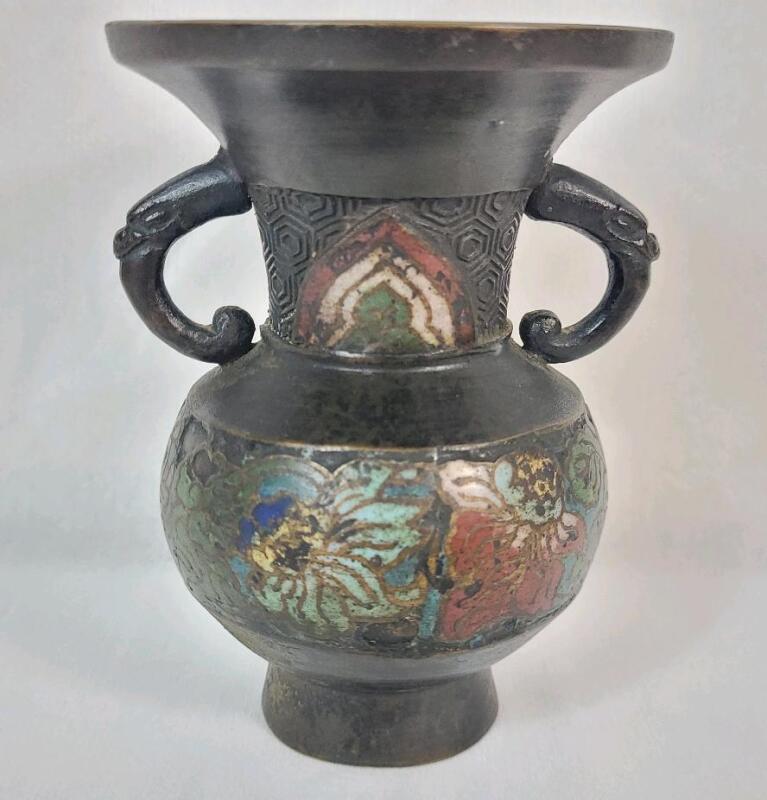 Antique Japanese Champlev&eacute; Bronze & Enamel Vase/Urn w/Stamp on Bottom . Measures 4 ⅝" Tall .