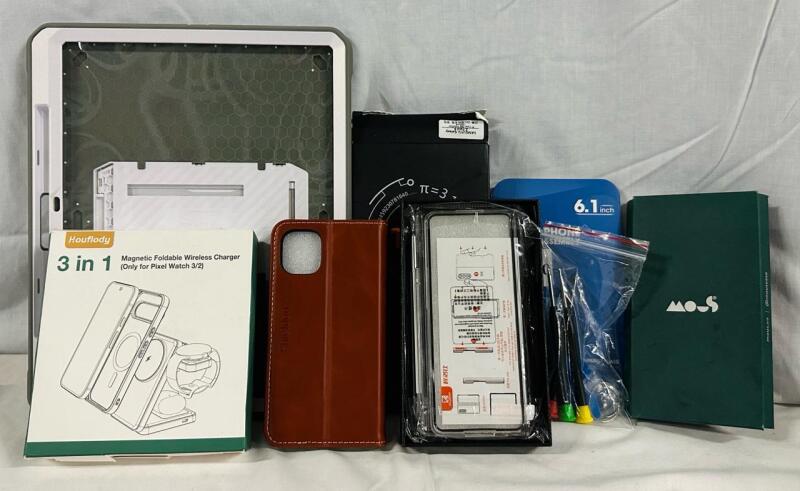 7 As-New Phone/Tablet Cases, Chargers, and Screen Assemblies; Various Makes and Models, Includes iPhone 11 Case, iPhone 15 Pro Assembly, and More