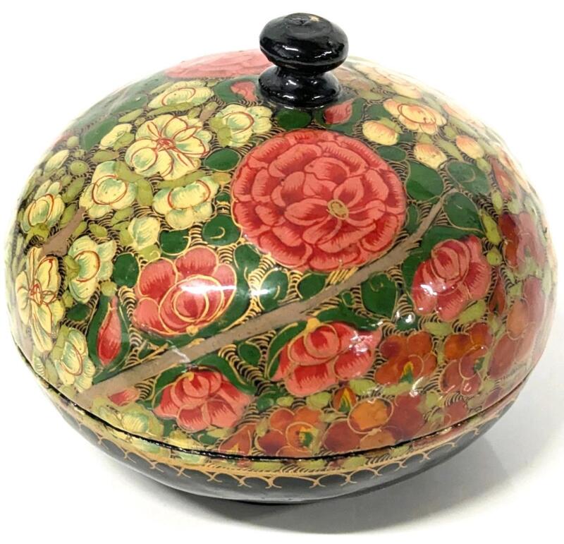 Vintage Signed Kashmir Laquer Trinket Box, Lightweight Wood, Intricately Decorated, 3.5" Tall