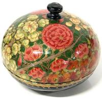 Vintage Signed Kashmir Laquer Trinket Box, Lightweight Wood, Intricately Decorated, 3.5" Tall