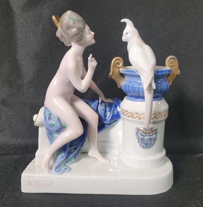 Vintage 1918 Rosenthal AG German Porcelain Figural " Nude Venus with Parrot " designed by Adolf Oppel . Measures 6 &frac14;"&times;7"&times;3"