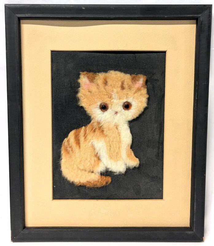 Vintage Framed Bunka-Style Fuzzy Kitten Picture, 10.5" &times; 12.5" | Kitschy, Cool & A Lil Bit Cursed!