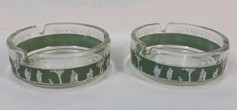 2 Vintage Jeanette Wedgewood Green Hellenic Jasperware Clear Glass Ashtrays