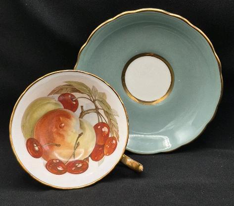 Rare Hammersley Teal Teacup & Saucer Fruits Design