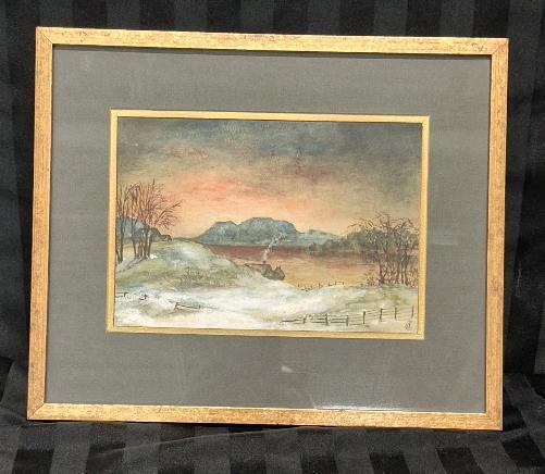 Vintage Framed Winter Landscape Watercolour - 14.75" by 12.25"